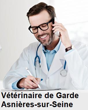 Urgence vétérinaire de garde à Asnières-sur-Seine () aujourd'hui pour urgence 24h/24h et 7j/7j, jours fériés, nuit et dimanche.